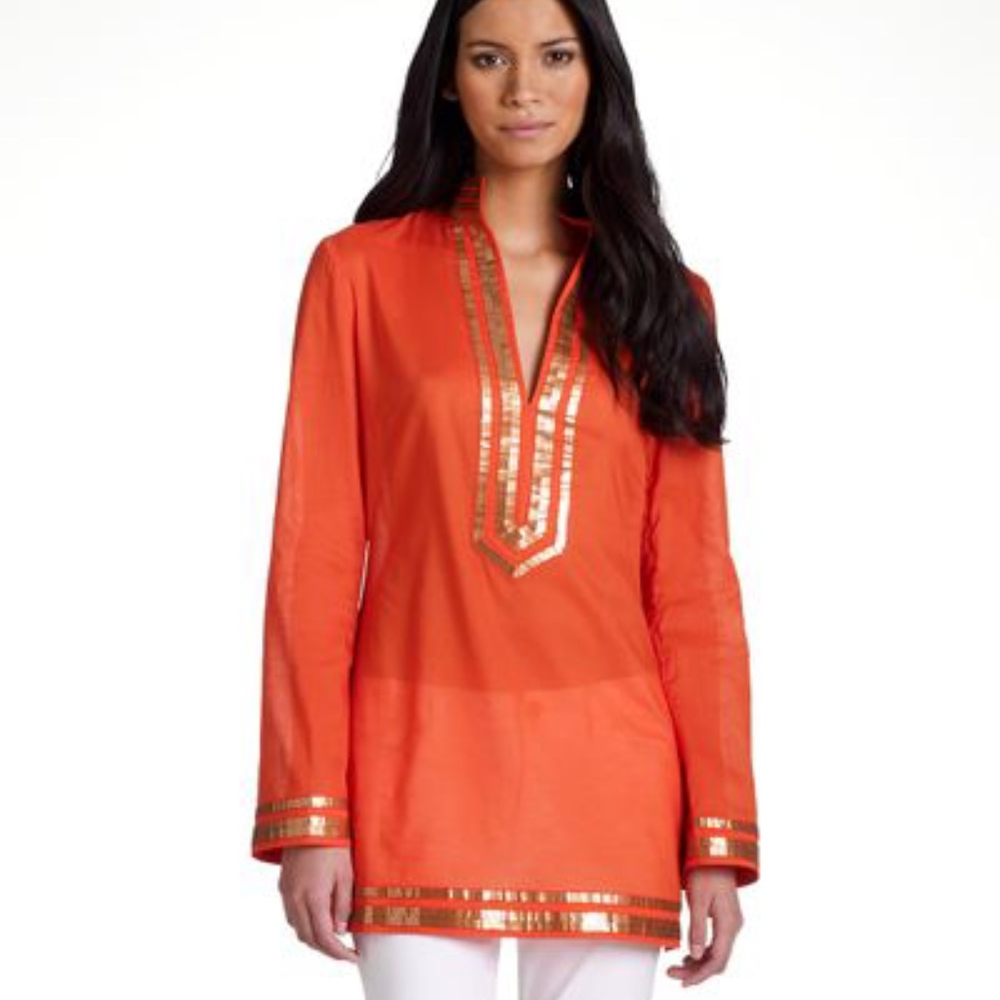 Tory Burch Metallic Embellished Orange Tunic